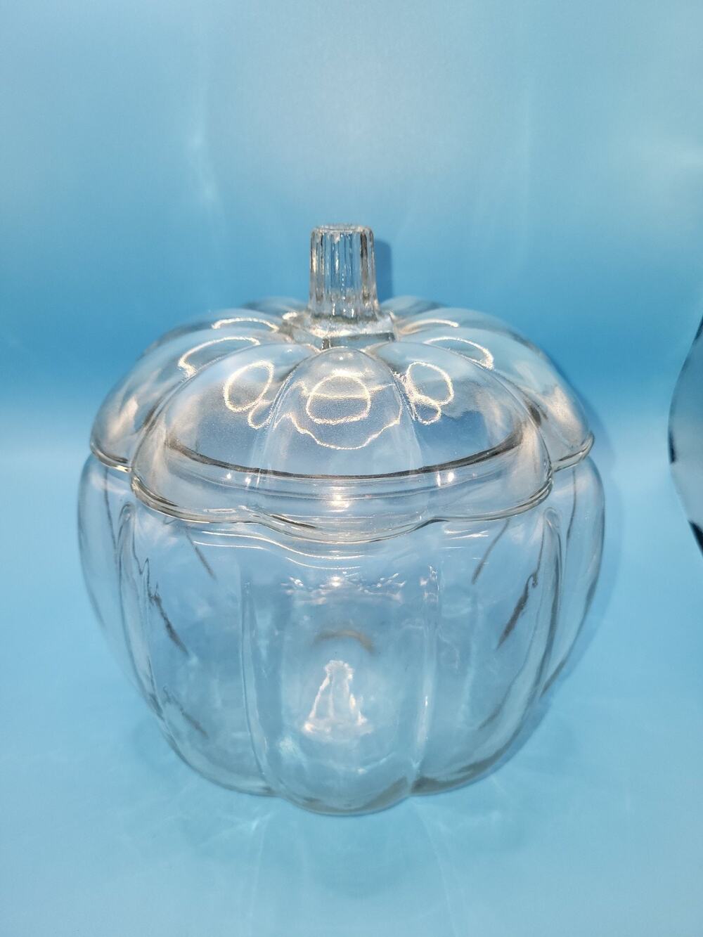 Vintage Anchor Hocking Clear Glass Pumpkin Candy Jar with Lid Halloween Thanksgi